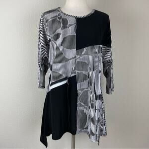IC by Connie K Black White Color Block Textured Stripe Tunic Medium